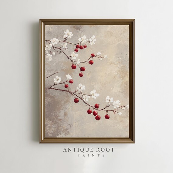 Branches With White Blossoms Art Minimalist Botanical Wall Print Neutral Impressionist Painting Farmhouse Decor Instant