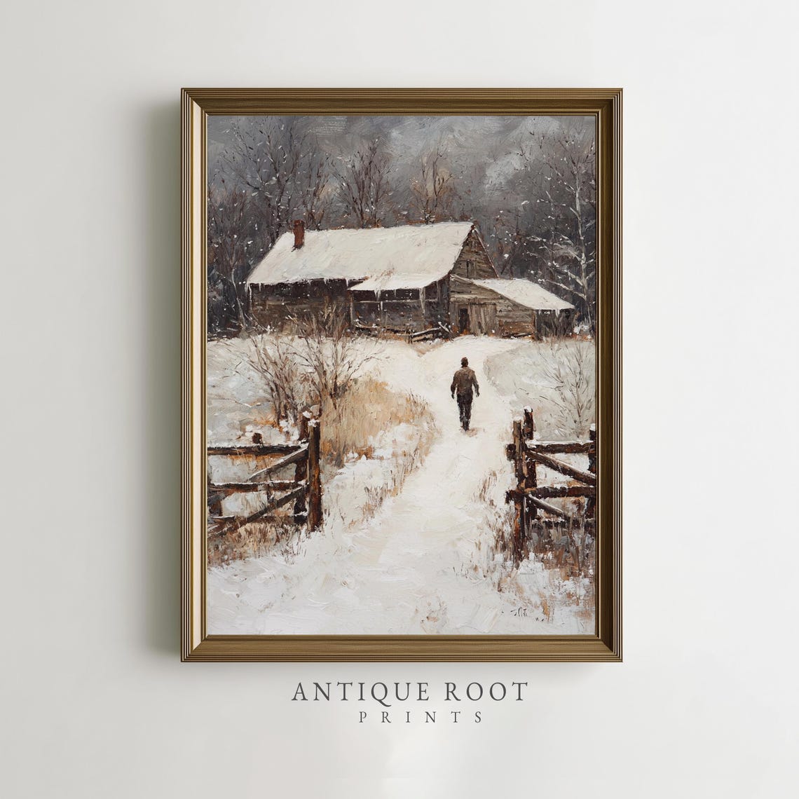 Solitary Walker In Snowy Path To Rustic Barn Winter Art Poster