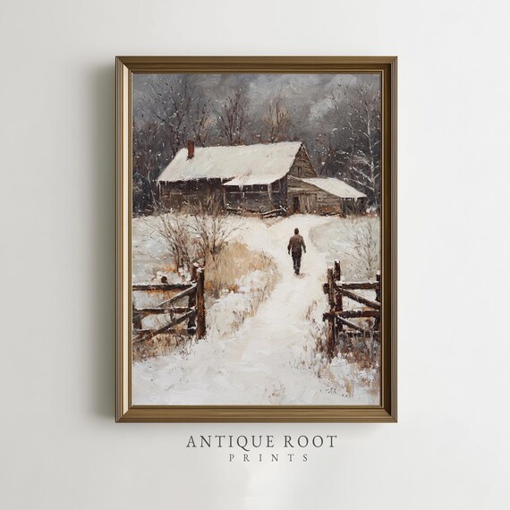 Winter Wall Art Solitary Walker In Snow Vintage Rustic Barn Scene Moody Farmhouse Decor Impressionist 237