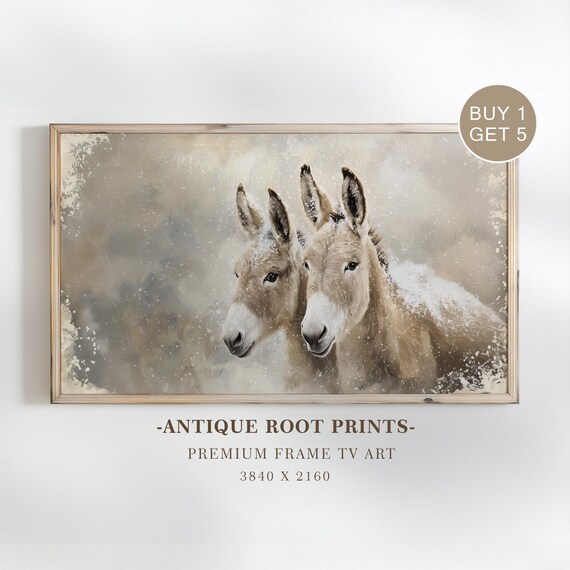 Cozy Two Donkeys Samsung Frame Tv Art Rustic Impressionist Painting Winter Decor Soft Neutral Snowy Scene 56