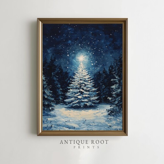 Snowy Christmas Tree at Night With Bright Star Winter Scene Wall Art