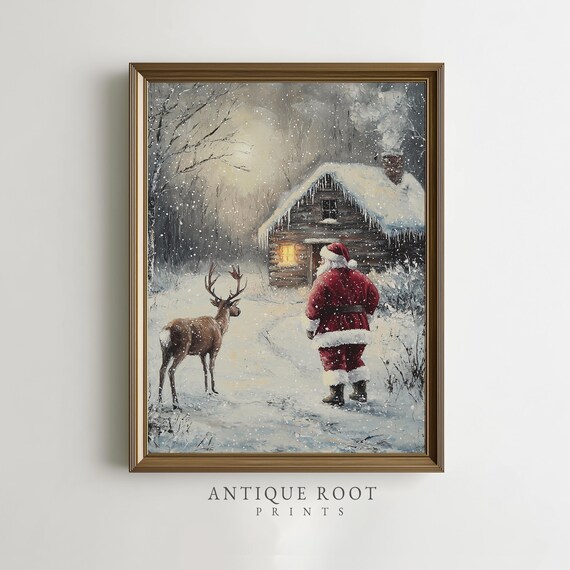 Santa Claus Reindeer Snowy Log Cabin Festive Winter Christmas Print