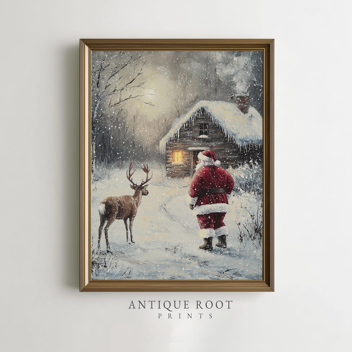 Santa Claus Reindeer Snowy Log Cabin Festive Winter Christmas Print
