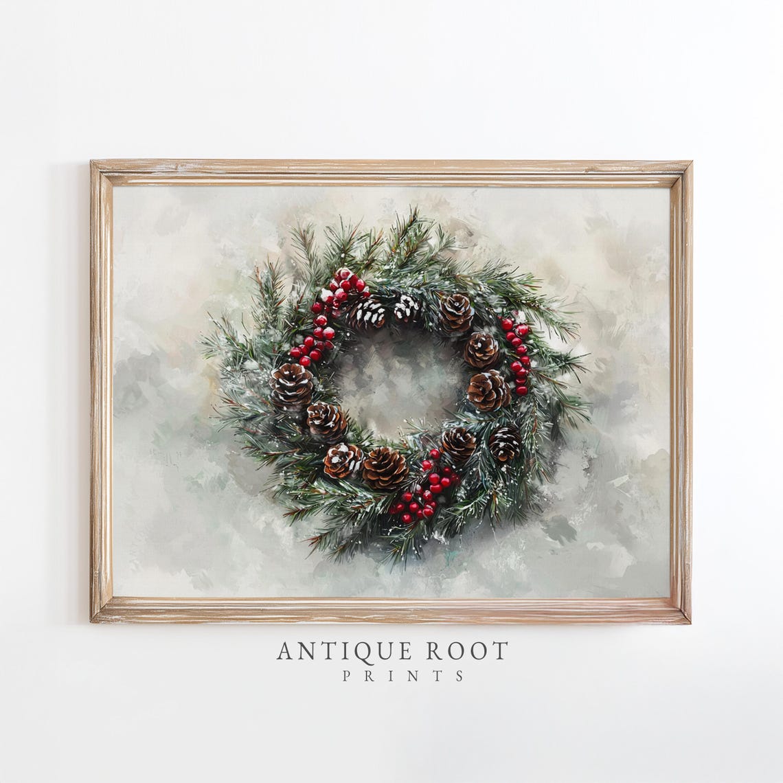 Christmas Wreath Pinecones Red Berries Watercolor Art Poster