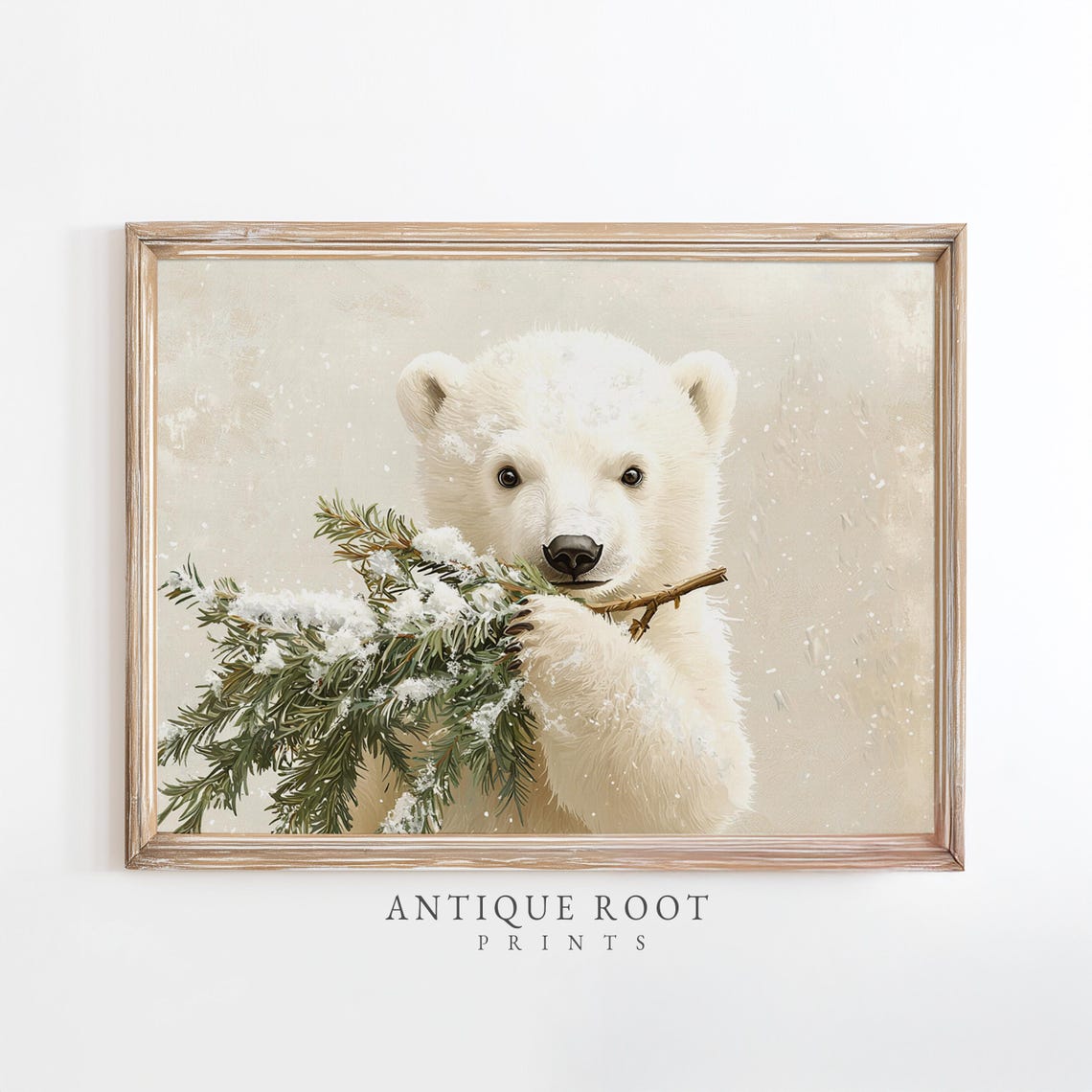 Cute Polar Bear Cub with Snowy Pine Branch Winter Art Poster