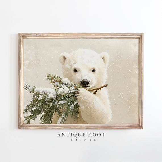 Polar Bear With Snowy Branch Christmas Wall Art Realistic Winter Nursery Decor Scandinavian Style Instant 33
