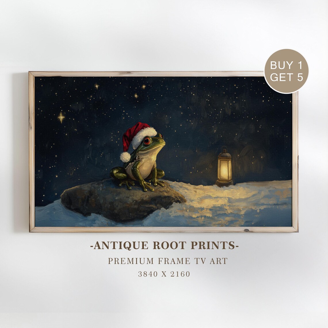 Cute Frog Wearing Santa Hat Snowy Starry Night Lantern Christmas Wall Art