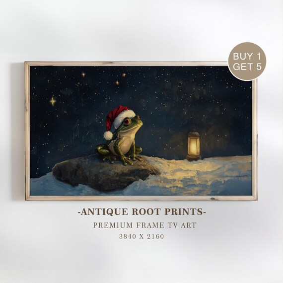 Cute Frog Wearing Santa Hat Snowy Starry Night Lantern Christmas Wall Art