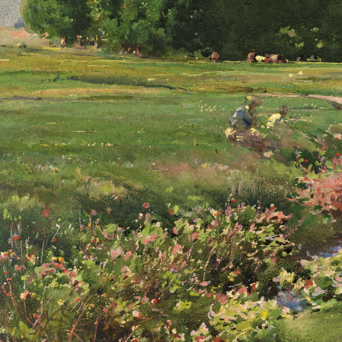 Winding Stream Meadow Wildflowers Panoramic Landscape Painting Poster - Image 2