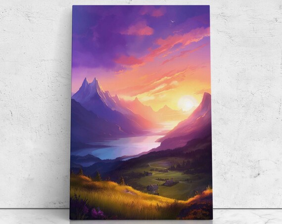 Painting Of Beautiful Mountain Range At Sunset Modern Oil Painting Vibrant Colors Print On Ready To Hang