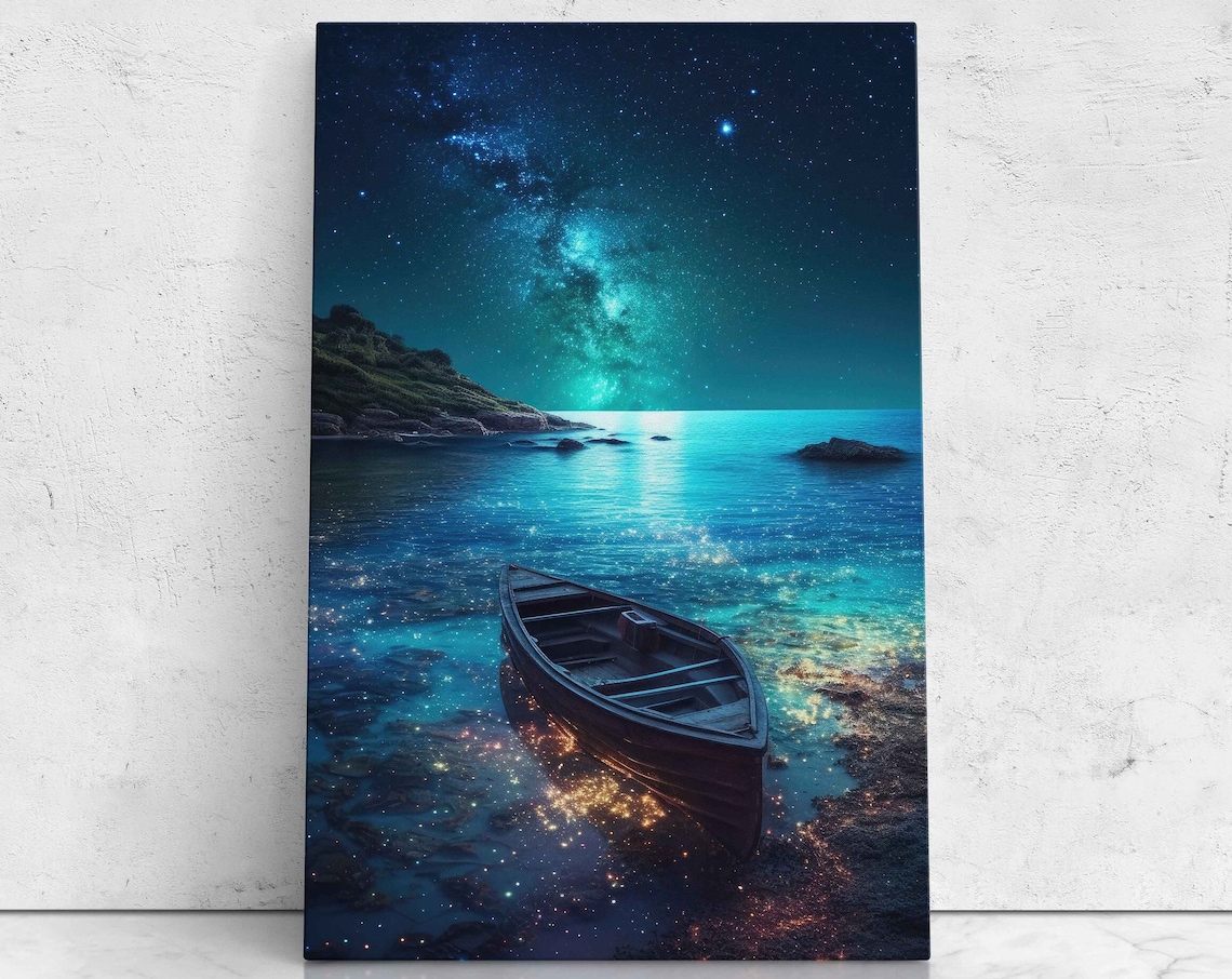 Van Gogh-Inspired Boat on a Beach at Night Art Print