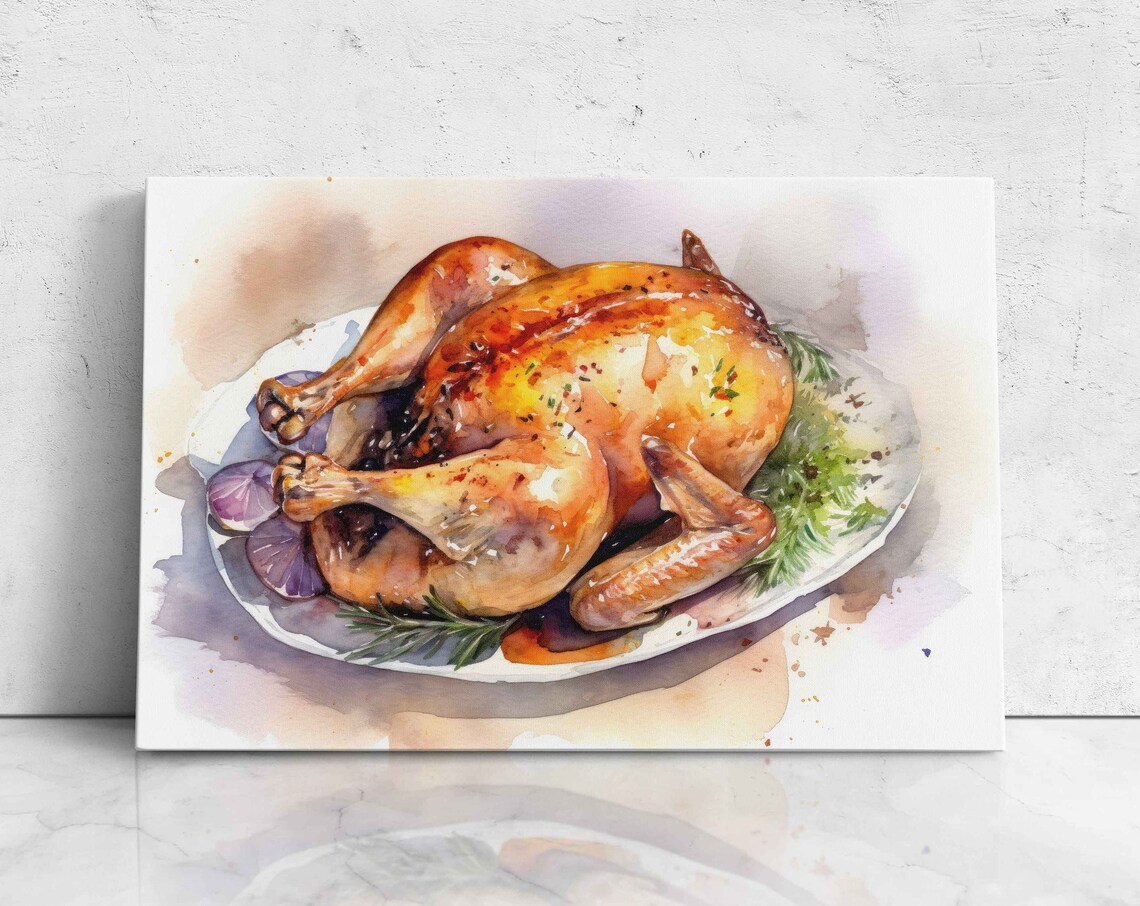 Roasted Chicken On Platter Watercolor Painting Kitchen Wall Art Poster