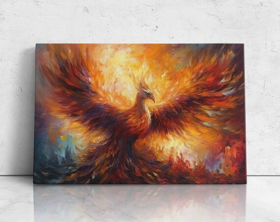 Phoenix Spreading Fiery Wings Oil Painting Mythical Bird Art Poster