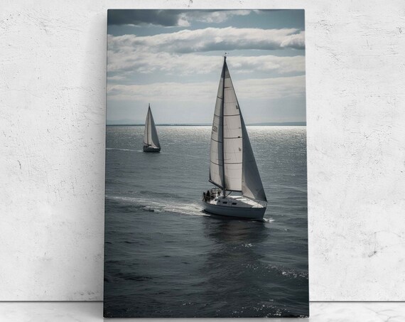 Sailboats Gliding On Open Ocean Cloudy Sky Photorealistic Travel Poster
