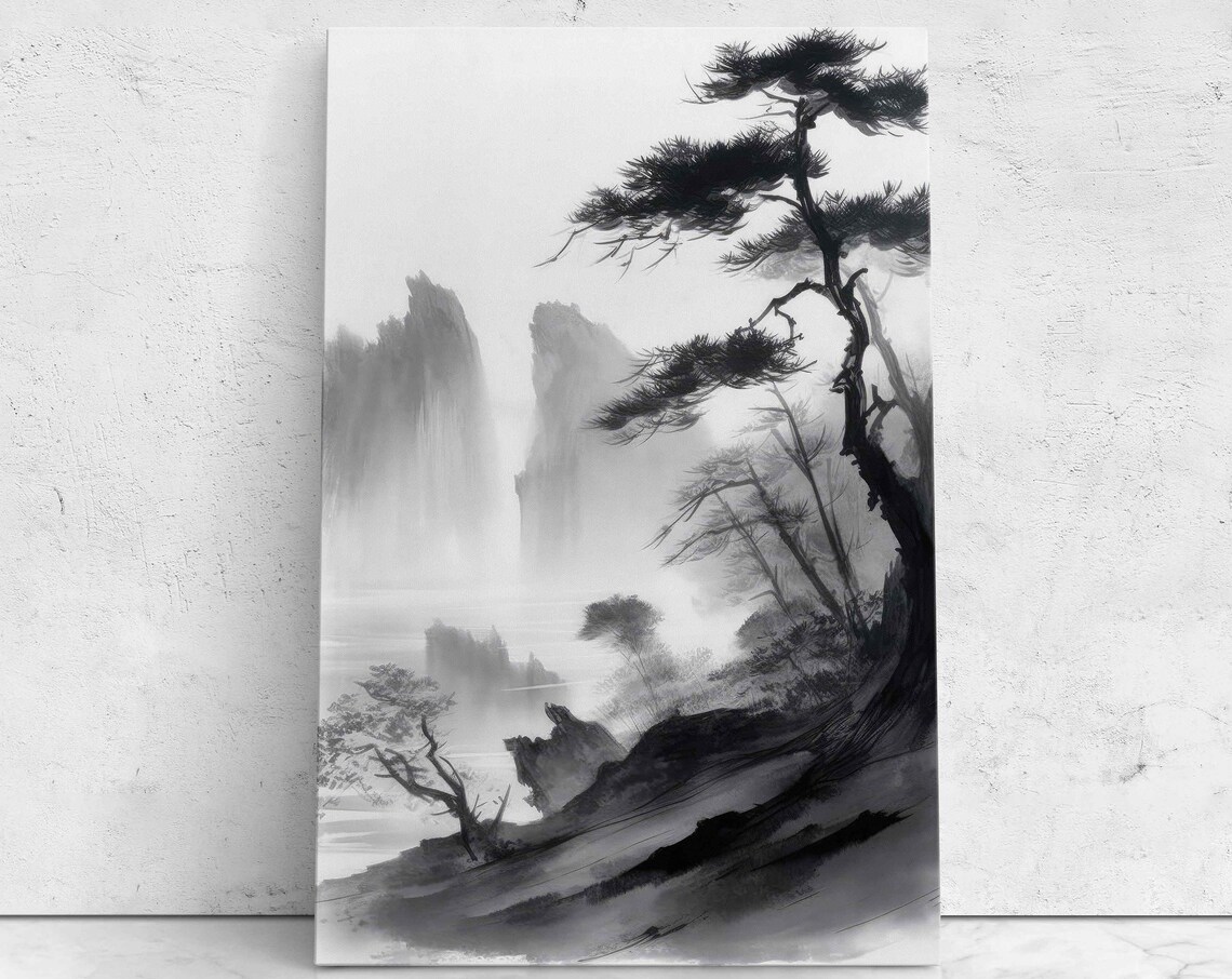 Chinese Ink Wash Misty Mountain Pine Trees Black Landscape Art Print