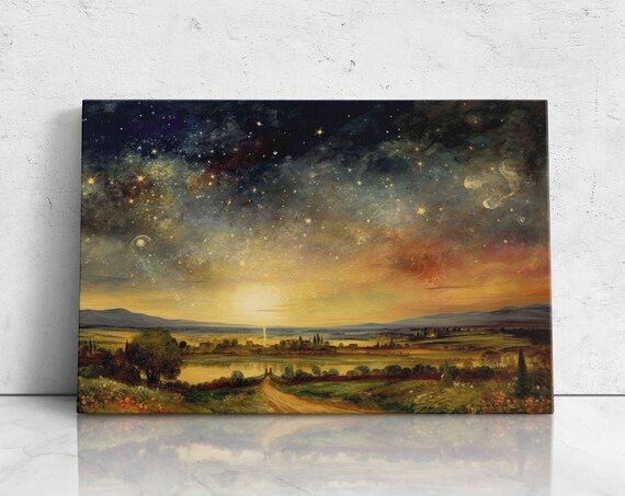 Starry Night Countryside Path Lake Warm Golden Sky Vintage Landscape Art Poster