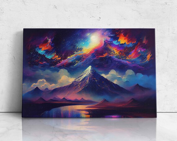 Colorful Mountain Landscape Oil Painting On Print Stunning Neon Colors Ready To Hang
