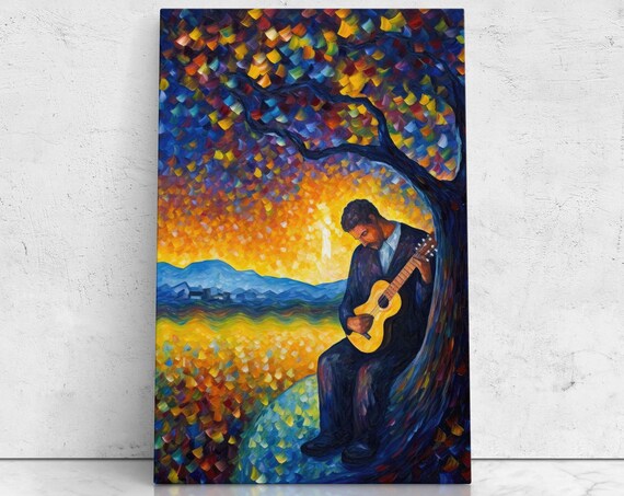 Guitar Man Playing Acoustic Guitar Under Mosaic Tree At Sunset Art Poster