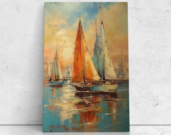 Sailboats On Ocean Bright Colorful Sky Reflection Oil Painting Poster