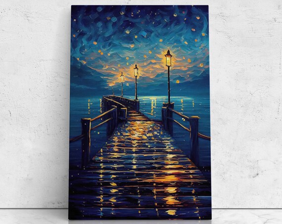 Starry Night Beach Pier Glowing Lantern Lights Over Ocean Waves Art Poster