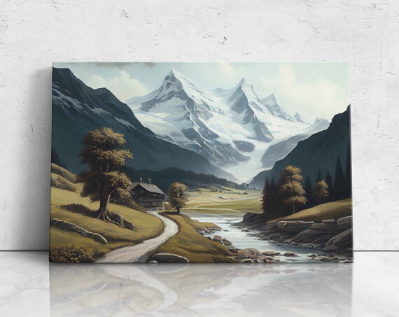 Swiss Alps Oil Painting Modern Oil Painting Beautiful Mountain Range Print On Ready To Hang