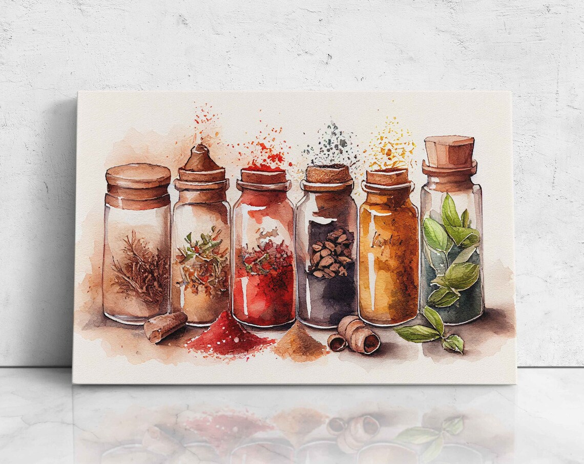 Kitchen Spices Watercolor Art Print, Rustic Decor