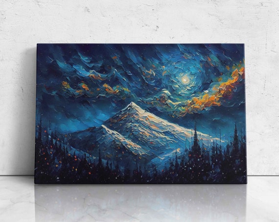 Starry Night Mountain Range Textured Oil Painting Palette Knife Technique Print On Ready To Hang