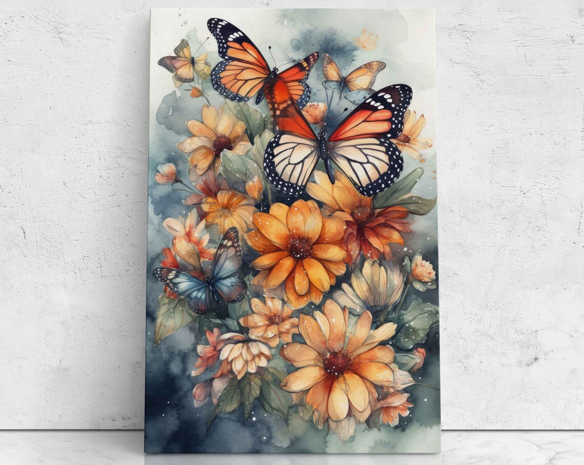 Monarch Butterflies With Orange Flowers Watercolor Painting Art Poster