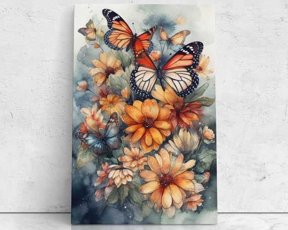Watercolor Painting Of Butterflies And Flowers Print On Ready To Hang Guest Room Decor
