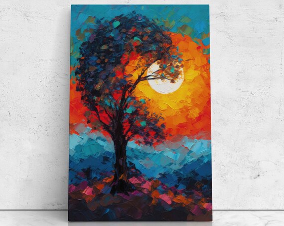 Painting Of Tree At Sunset Palette Knife Painting Print On Framed Ready To Hang