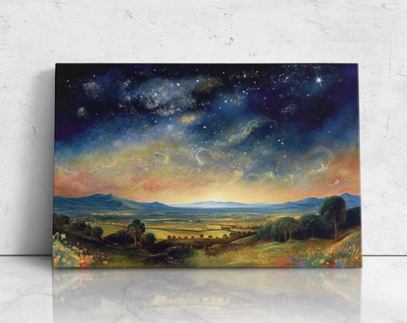 Starry Night Sky Oil Painting Beautiful Vintage Colors Cool Tones Ready To Hang