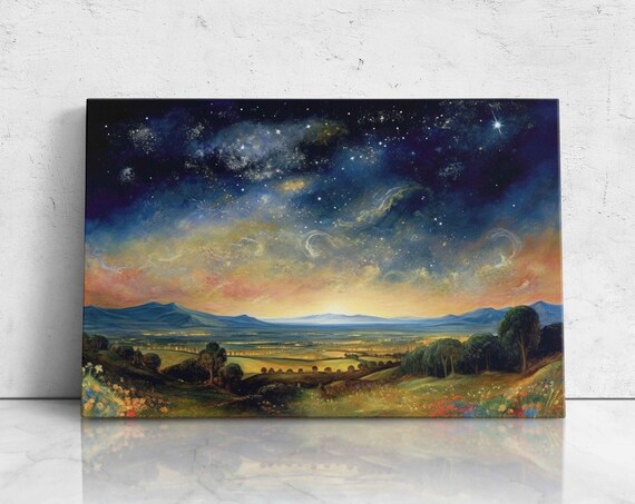 Starry Night Sky Over Valley Warm Vintage Tones Countryside Landscape Art Poster