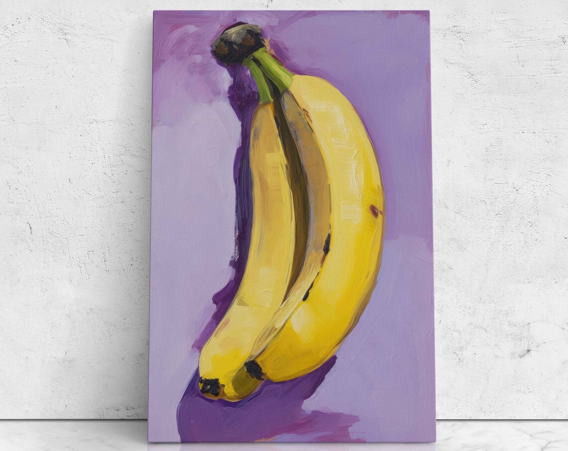 Bananas Oil Painting On Purple Background Print On Ready To Hang Kitchen Decor