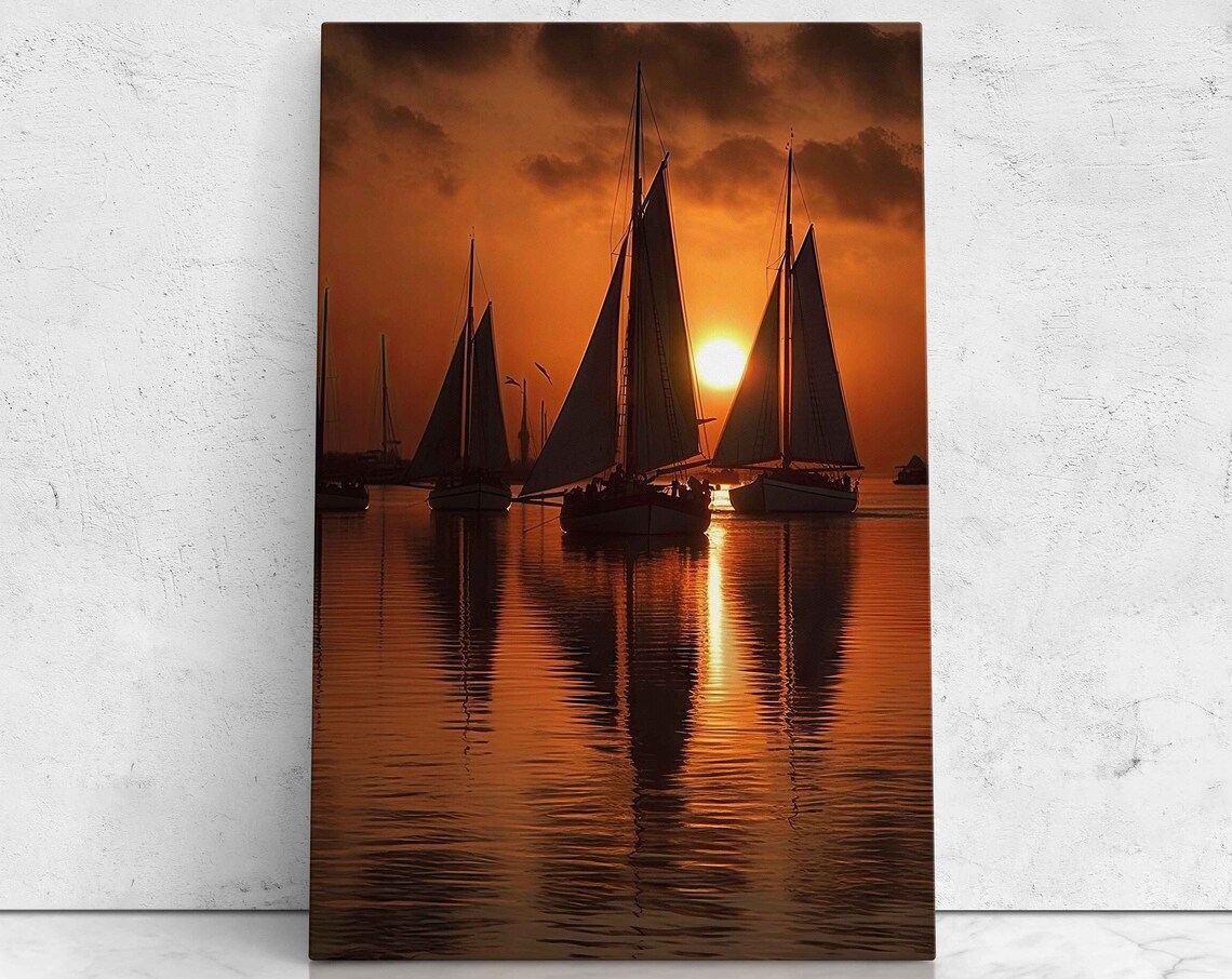 Sailboat Silhouettes At Golden Sunset On Calm Water Travel Poster