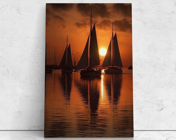 Sailboat Silhouettes At Golden Sunset On Calm Water Travel Poster