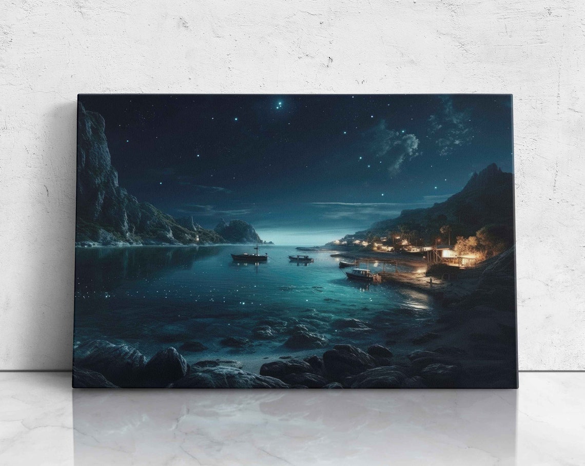 Starry Night Coastal Bay Boats Under Moonlight Landscape Art Poster