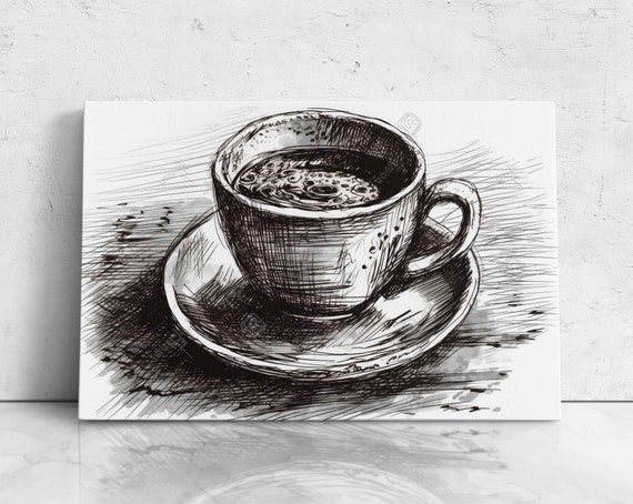 Coffee Cup Drawing Expressionist Pencil Art Illustration On Ready To Hang Gift For Coffee Lovers Kitchen Decor