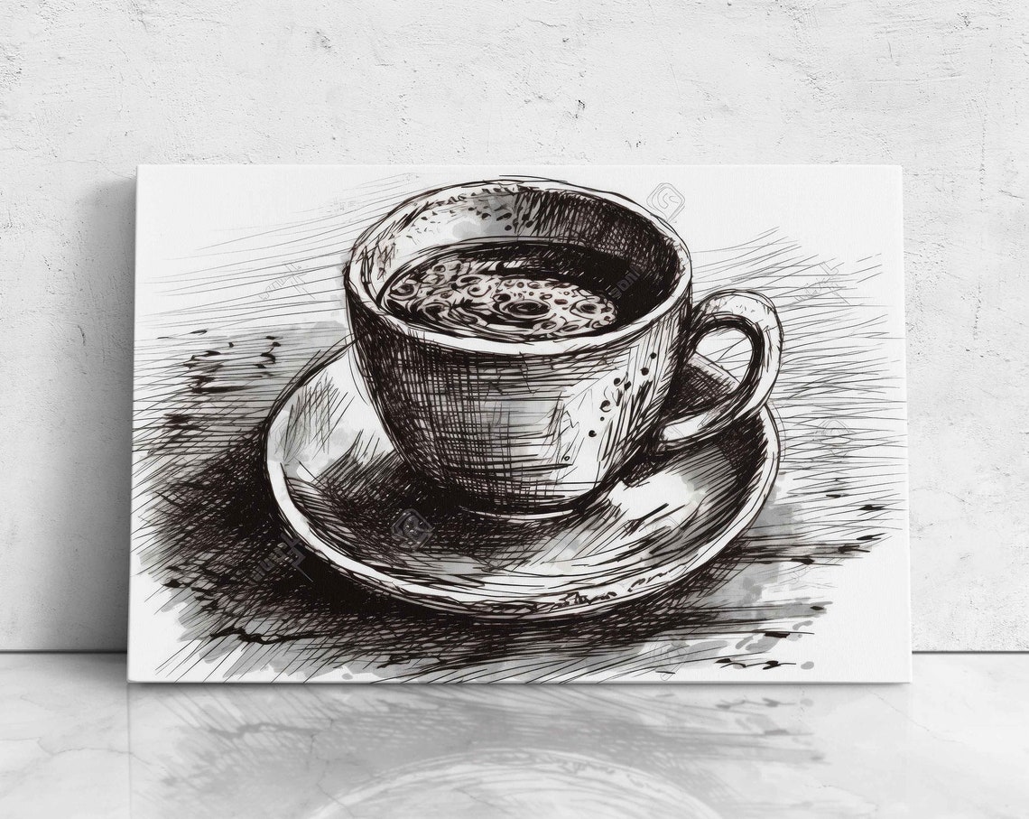 Coffee Cup Drawing Expressionist Pencil Art Illustration On Ready To Hang Gift For Coffee Lovers Kitchen Decor