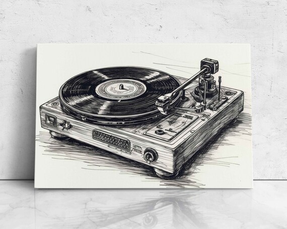 Vintage Record Player Turntable Pencil Sketch Drawing Wall Art Poster