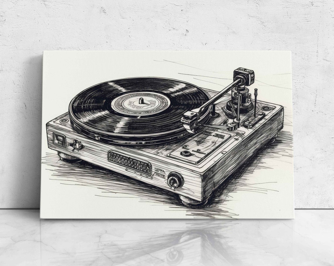 Vintage Record Player Turntable Pencil Sketch Drawing Wall Art Poster