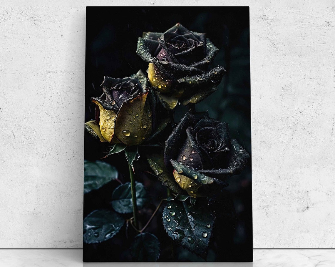 Black Yellow Roses With Water Droplets Print On Gothic Wall Art