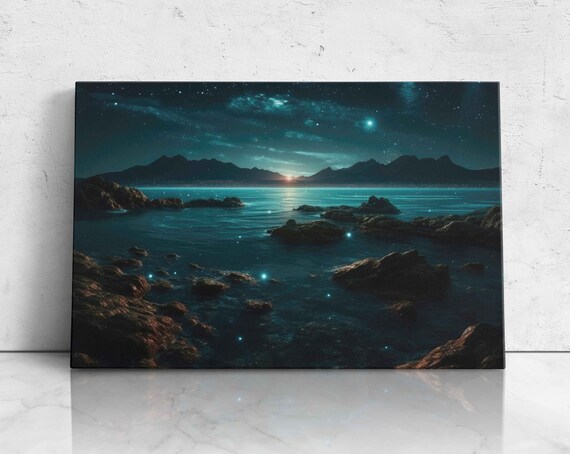 Dreamy Night Beach Turquoise Water Stars Rocky Shore Art Poster