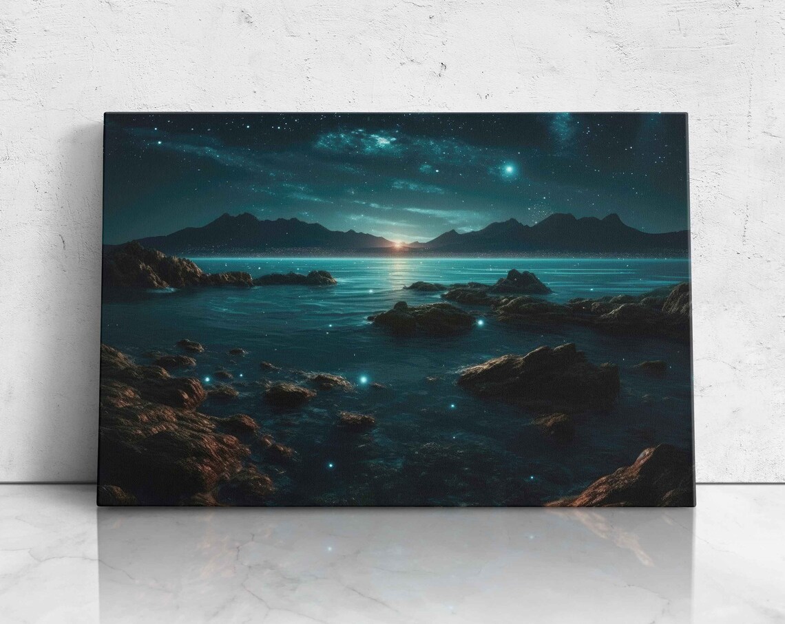 Dreamy Night Beach Turquoise Water Stars Rocky Shore Art Poster