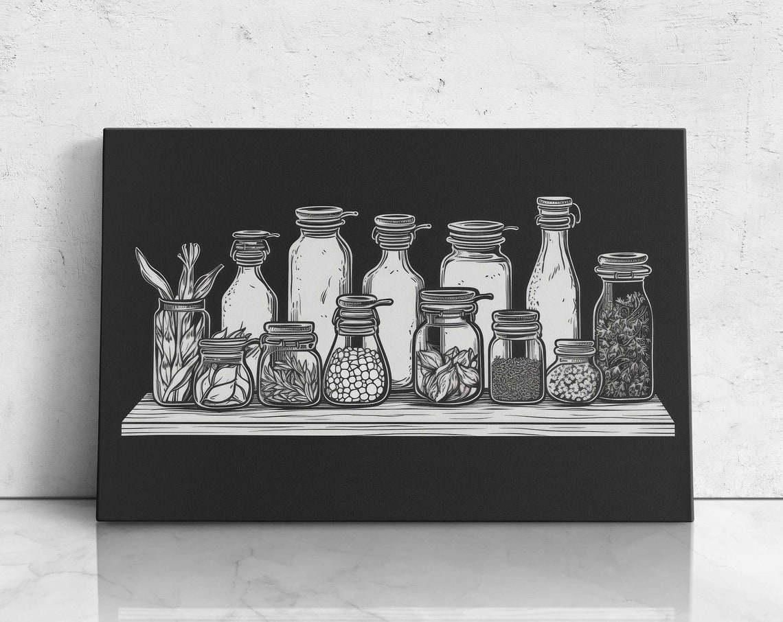 Black White Spice Jars Line Art Minimalist Kitchen Wall Decor Poster