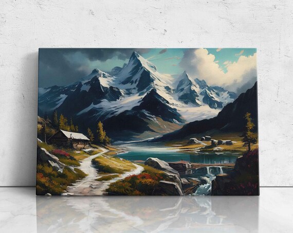 Swiss Alps Oil Painting Modern Oil Painting Beautiful Mountain Range Print On Ready To Hang