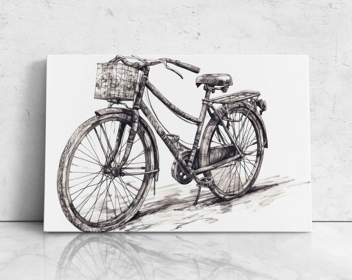 Vintage Bicycle With Basket Pencil Sketch Drawing Art Wall Art Poster