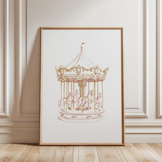 Carousel Nursery Drawing Retro Poster Print Cute Kids Room Decor Playroom Trendy Art Girl Wall Illustration