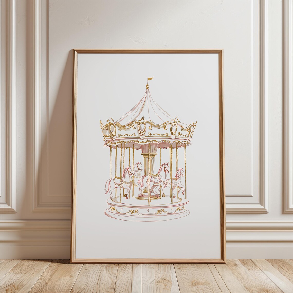 Pink And Gold Carousel Watercolor Horses Girls Nursery Room Poster