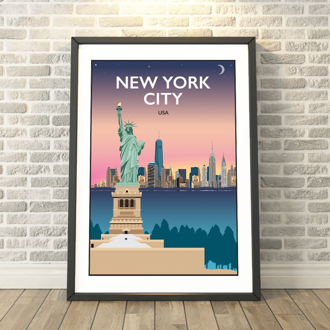 New York City USA Vintage Travel Poster Statue of Liberty Dusk