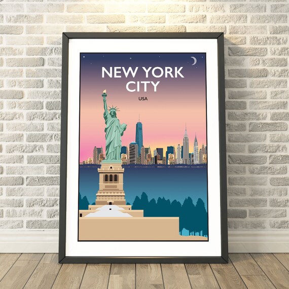 New York City USA Vintage Travel Poster Statue of Liberty Dusk